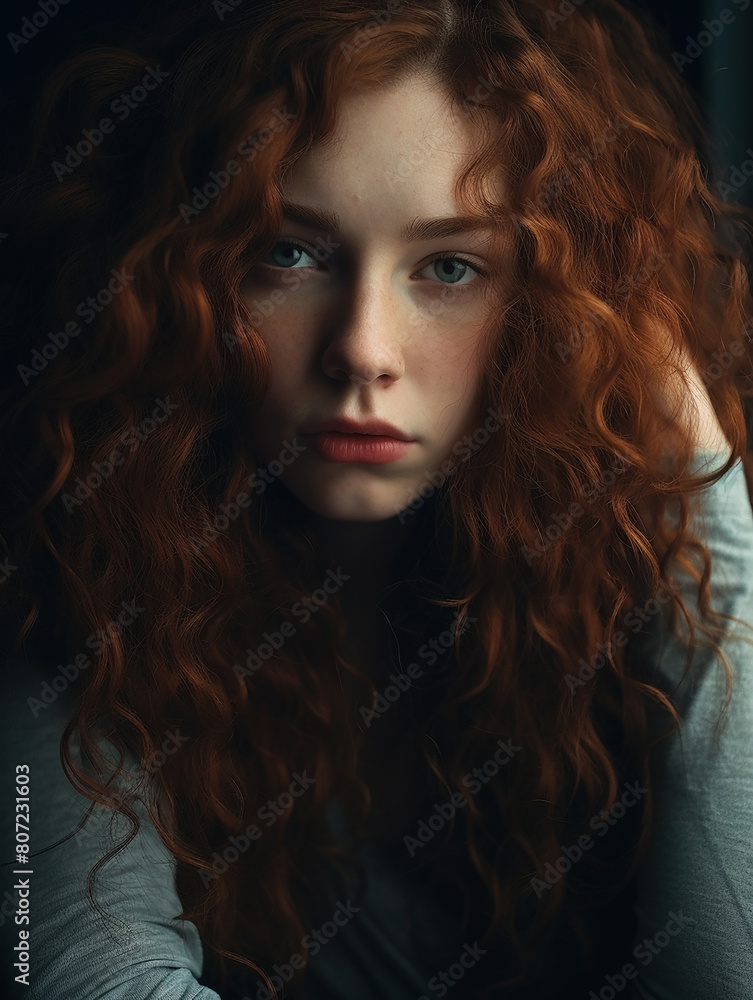 Woman portrait with a freckles and a long red curly hair