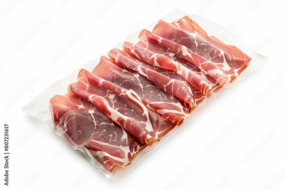 Prosciutto slices from above in vacuum packaging on white background