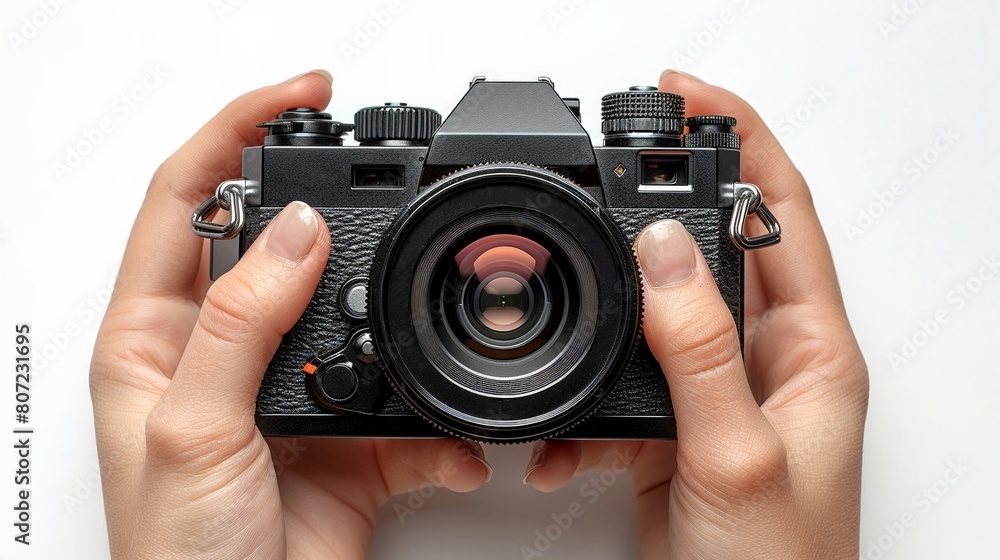 A woman photographer holding a digital camera capturing a photo