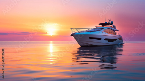 yacht charter. Luxury Yacht at Sunset. A white yacht floating on calm water with a colorful sunset in background. © evastar