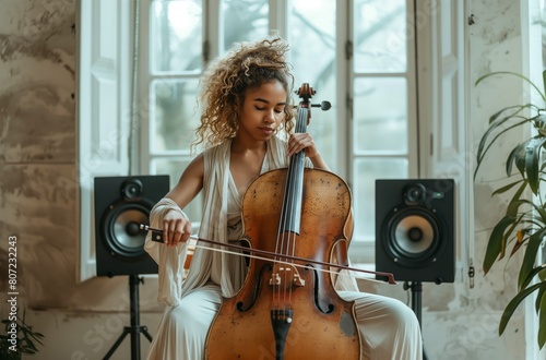 Symphony of Light: African American Woman Gracefully Playing the Cello in a Bright Music Studio