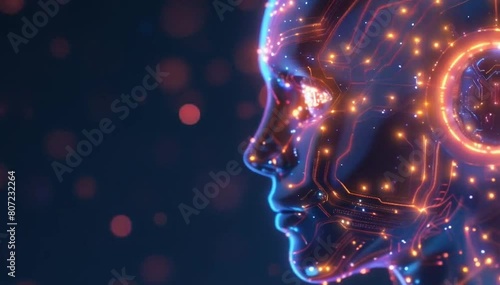 A digital artwork featuring an AI robot head with circuitry and glowing lights