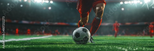 In this dynamic image, a close-up of a soccer player's legs controlling a soccer ball on a vibrant, stadium field stands out photo