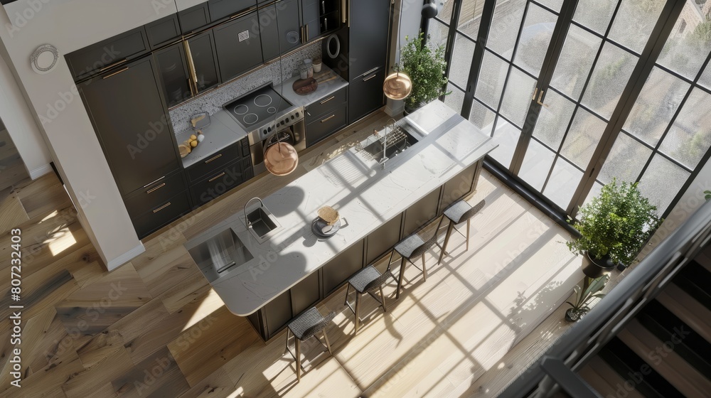 Top view of home kitchen interior with bar countertop, panoramic window hyper realistic 