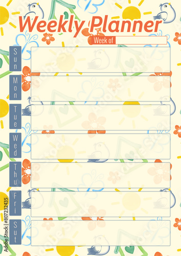 Weekly planner with cute doodle elements. Vector illustration