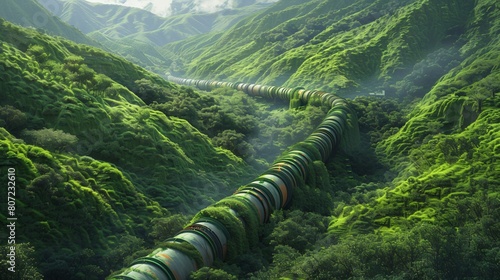 Natural gas pipeline embedded in a lush green valley, a fusion of technology and nature