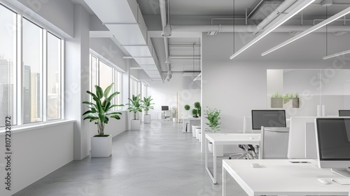 White coworking interior with pc computers on tables near window. Mockup wall hyper realistic  © Business Pics