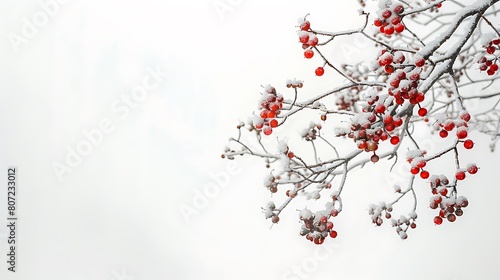 Winter berries covered in a dusting of snow, adding a pop of color to the otherwise monochromatic white background. © Khan