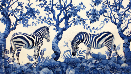 Two zebras are grazing in a forest