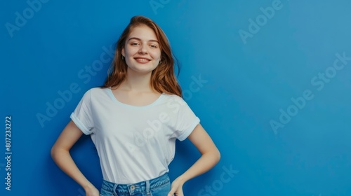 Young Caucasian woman smiling and posing with her arms at her hips on an isolated blue background. hyper realistic  photo