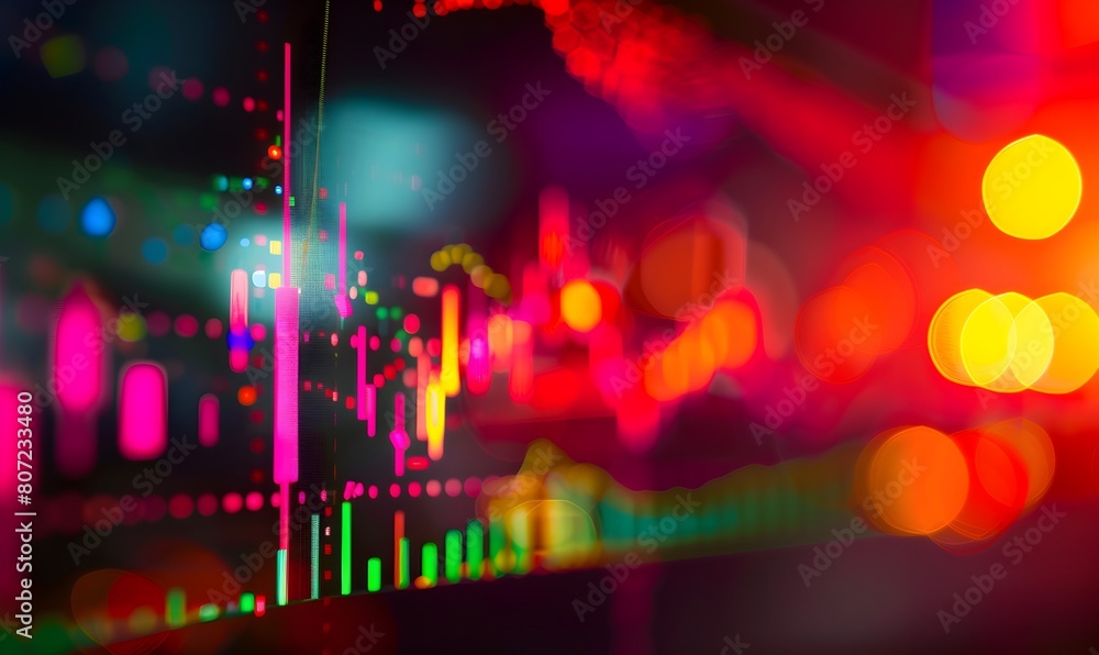 stock market candlestick chart with colorful bar lines, background blurred