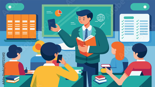 In a crowded lecture hall students add up the cost of their textbooks and supplies as the professor mentions which ones are required for the class.. Vector illustration