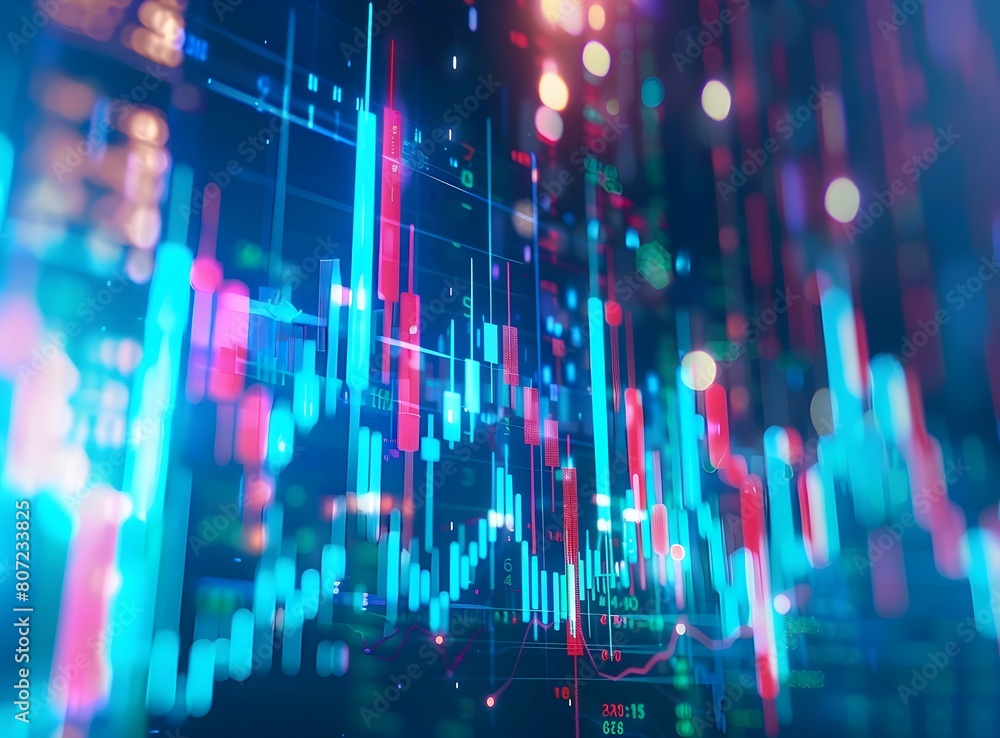 stock market chart with candles and bar charts going up and down on a blue background, depicting the crashing and rising of financial asset values over time stock market chart with candles and bar charts going up and down on a blue background, depicting the crashing and rising of financial asset values over time