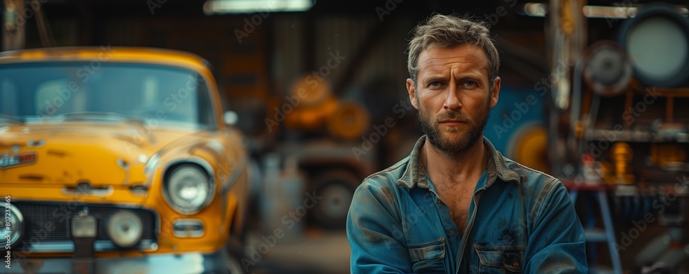 Man with beard in garage with cars Man with beard in garage with cars