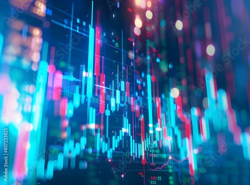 stock market chart with candles and bar charts going up and down on a blue background, depicting the crashing and rising of financial asset values over time