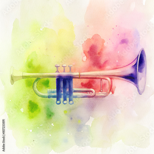 bright colorful watercolor trumpet illustration. music festival, concert, event poster. square aspect ratio
