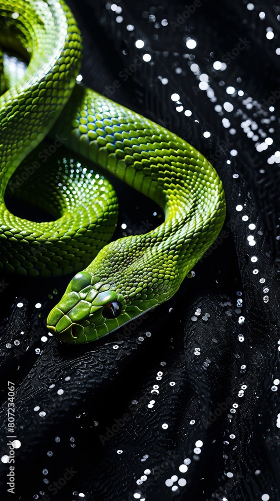 Fototapeta premium green snake on a background of black sequins.