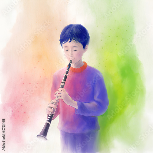 boy plays oboe watercolor illustration