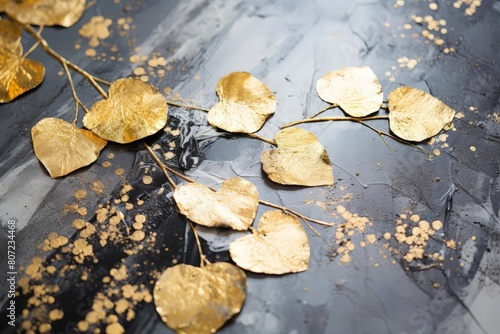 Closeup of a delicate gold leaf applied to a canvas, highlighting the intricate detail and craftsmanship of the art