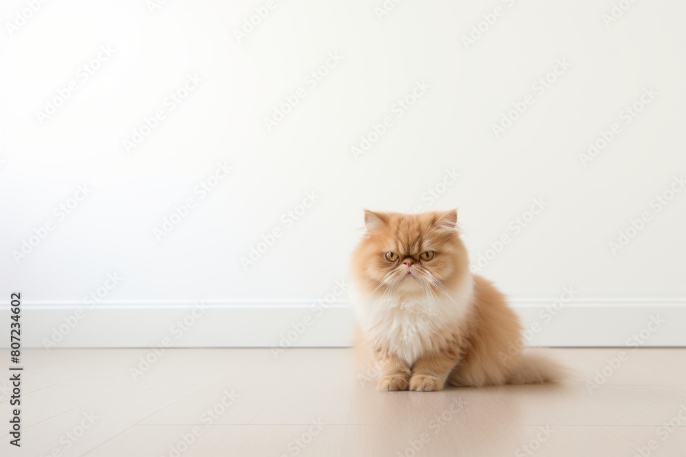 Environmental portrait photography of a bored persian cat stretching a back over minimalist or empty room background