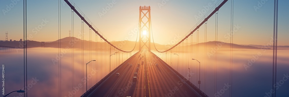 Obraz premium Majestic view of the Golden Gate Bridge enveloped in morning fog with rising sun in the background creating a serene and tranquil atmosphere