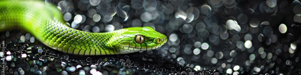 Fototapeta premium green snake on a background of black sequins.