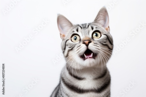 Close-up portrait photography of a smiling american shorthair cat exploring isolated in minimalist or empty room background