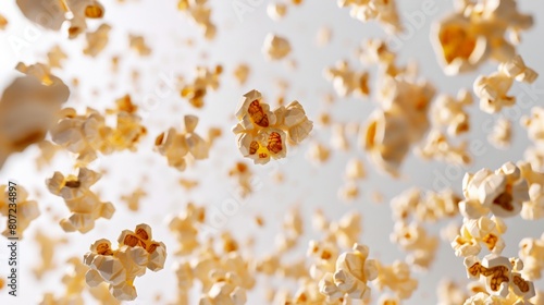 A photo of a bunch of popcorn pieces suspended in mid air against a white background photo