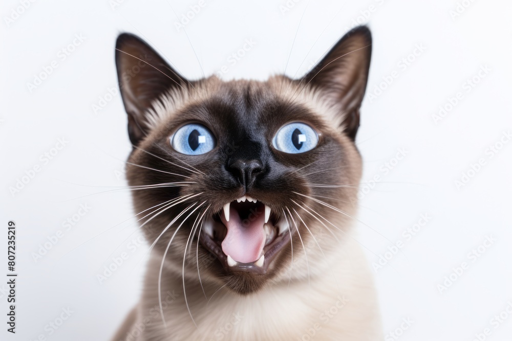 Lifestyle portrait photography of a curious siamese cat murmur meowing on minimalist or empty room background