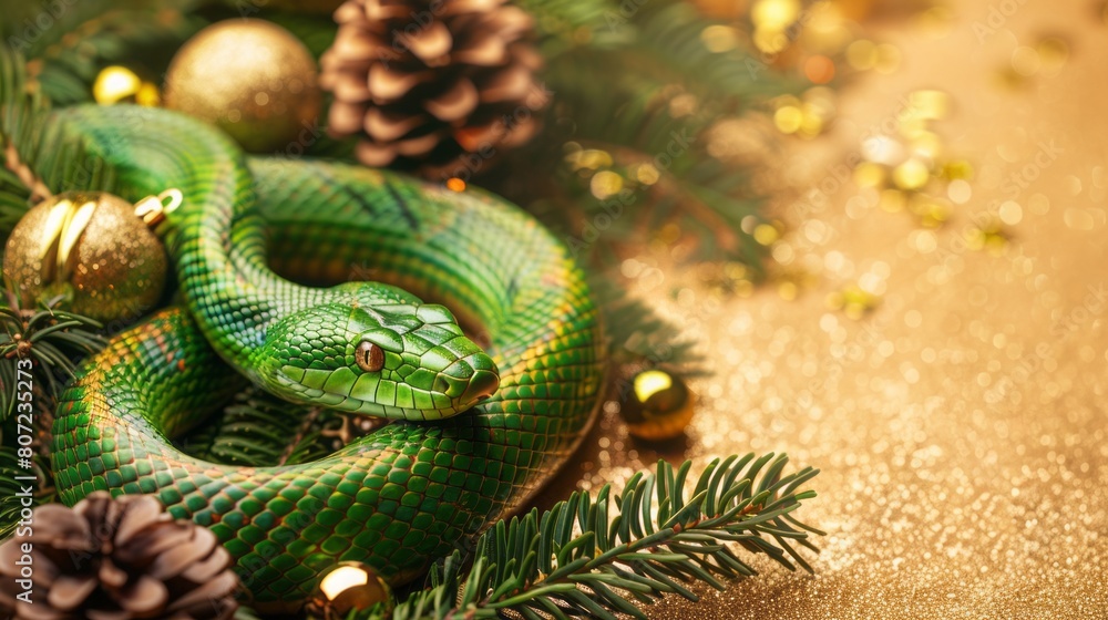 Fototapeta premium green snake on a background of gold sequins and branches of fir trees.