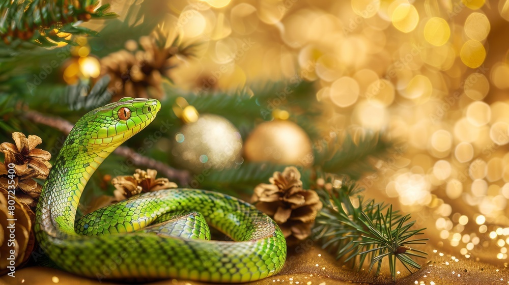 Fototapeta premium green snake on a background of gold sequins and branches of fir trees.