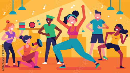 The upbeat music and lively atmosphere of the class make it feel more like a party than a workout.. Vector illustration