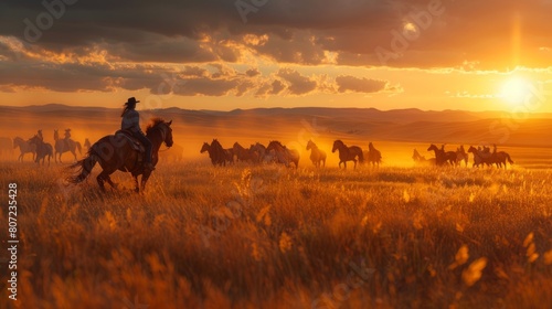Wild Horses and a Woman Race across the Prairie at Twilight photo
