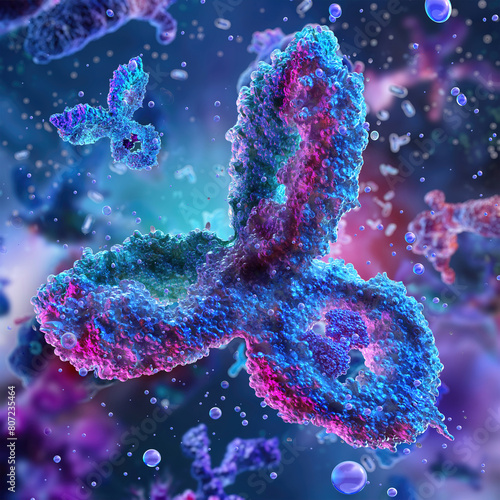 Antibodies, immunoglobulin Ig proteins 3D medical image. Immune system, IgM, IgG, IgE, IgD, IgA antibodies glycoproteins, specific antigens against virus. Vital components of the immunity responce photo