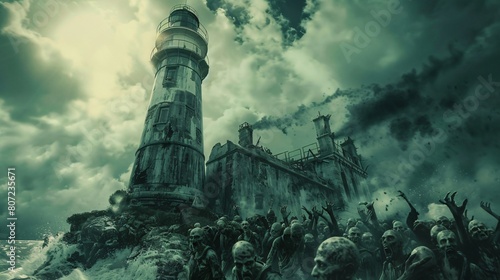 Zombies overwhelming a lighthouse, climbing up its sides with the ocean roaring behind