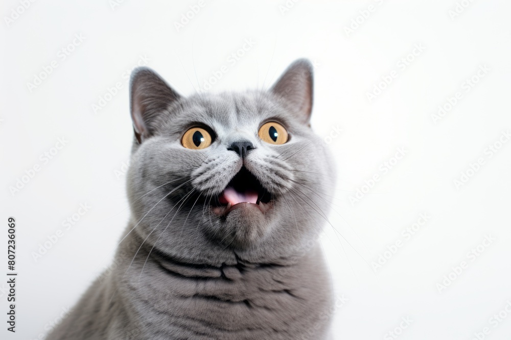 Close-up portrait photography of a smiling british shorthair cat whisker twitching in front of minimalist or empty room background