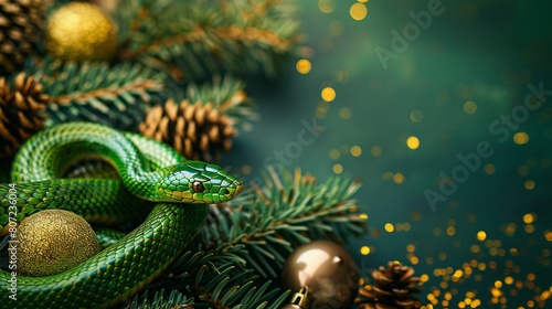 green snake on a background of gold sequins and branches of fir trees. © Yahor Shylau 