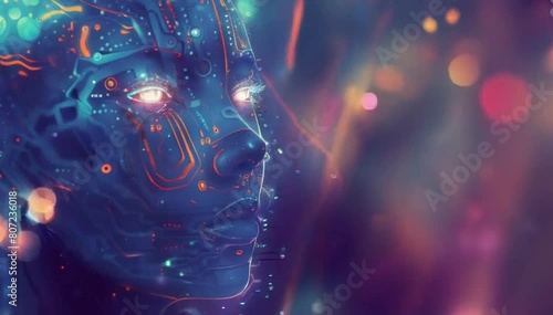 A digital artwork featuring an AI robot head with circuitry and glowing lights