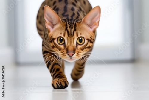 Close-up portrait photography of a curious bengal cat pouncing in front of minimalist or empty room background © Markus Schröder