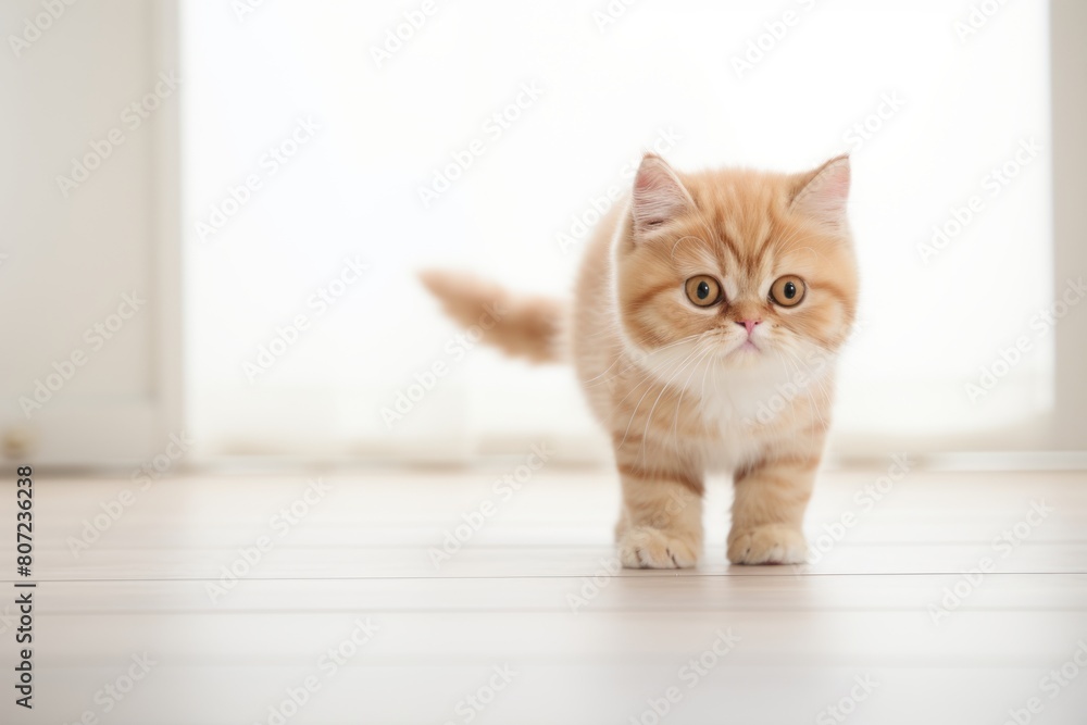 Lifestyle portrait photography of a happy exotic shorthair cat exploring isolated on minimalist or empty room background