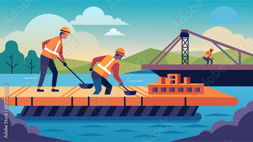In the early morning light construction workers pour concrete into wooden forms on a barge as they work to build the foundation of a bridge over a. Vector illustration