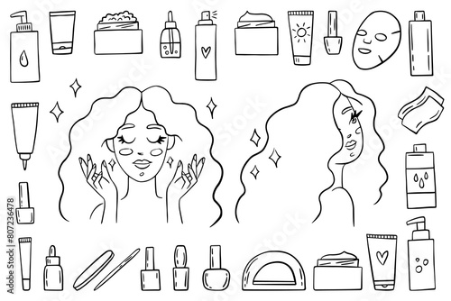 Skin care, beauty products, cosmetics icons set. Hand-drawn vector bottles and tubes. Woman beauty routine doodles. Vector illustration of skin and hair care. Line art cartoon girls portraits