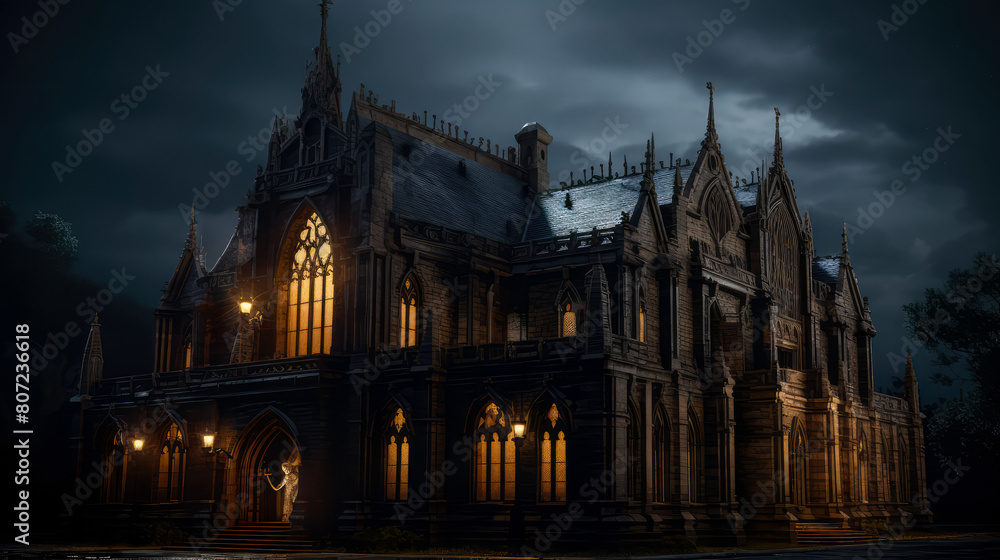 Gothic Architectural: Exploring the Intricacies of a Timeless Building in dark background. Halloween concept