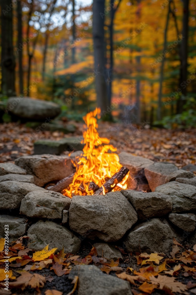 A fire pit blazing in the middle of a dense forest A fire pit blazing in the middle of a dense forest