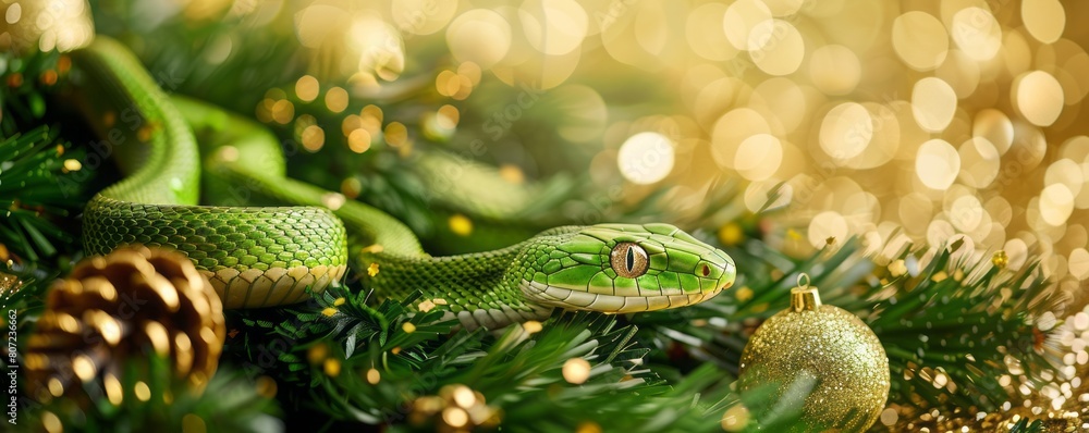 Fototapeta premium green snake on a background of gold sequins and branches of fir trees.