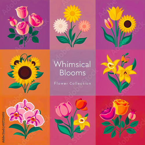 Set of vibrant whimsical flowers, flower collection perfecr for stickers. Vibrant illustration set featuring various flowers in bright pastel hues in a modern flat design style. Roses, tulips, orchids photo