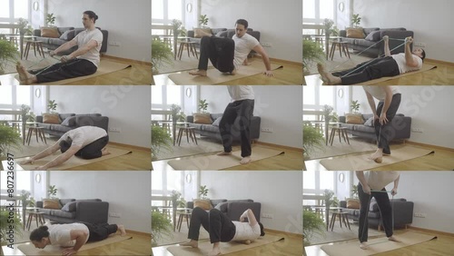 Collage image of young male doing workout at home