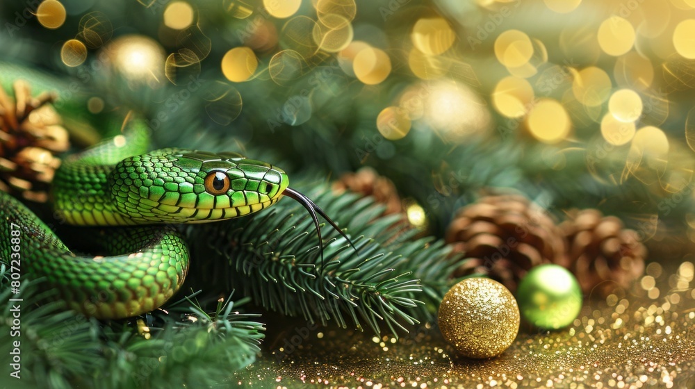 green snake on a background of gold sequins and branches of fir trees. green snake on a background of gold sequins and branches of fir trees.