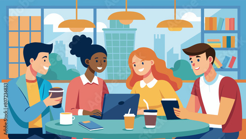 A group of friends huddle together in a campus coffee shop their conversations filled with discussions about their loan offers and the pros and cons. Vector illustration