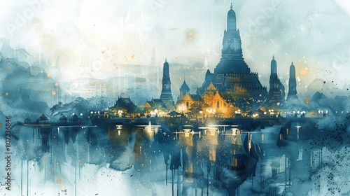 Surreal watercolor skyline of a city with iconic temples and monuments, depicted in a dreamy blue palette. photo